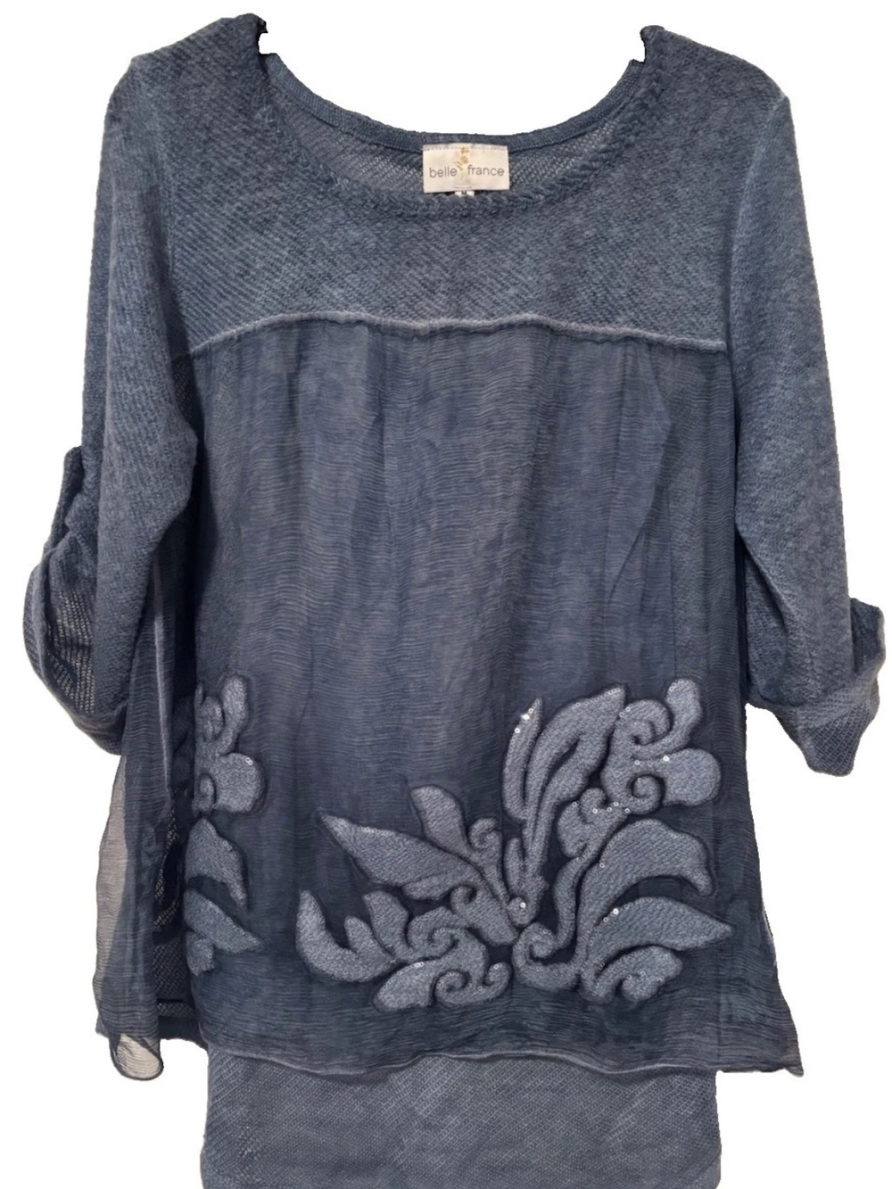 Belle France Women's Blue Knit Layered Tunic Top Lined Embroidered with Sequins